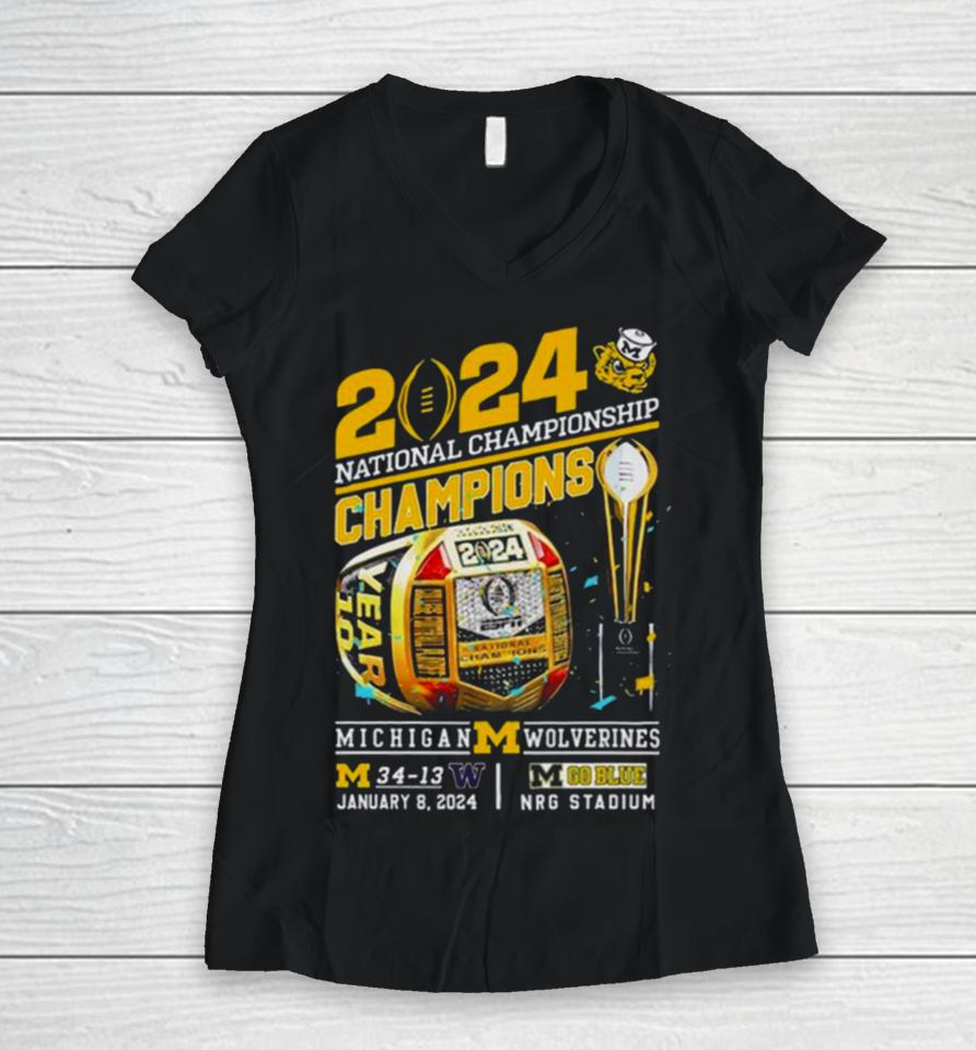 Championship Champions Michigan Wolverines 34 13 Washington Go Blue Rings Women V-Neck T-Shirt