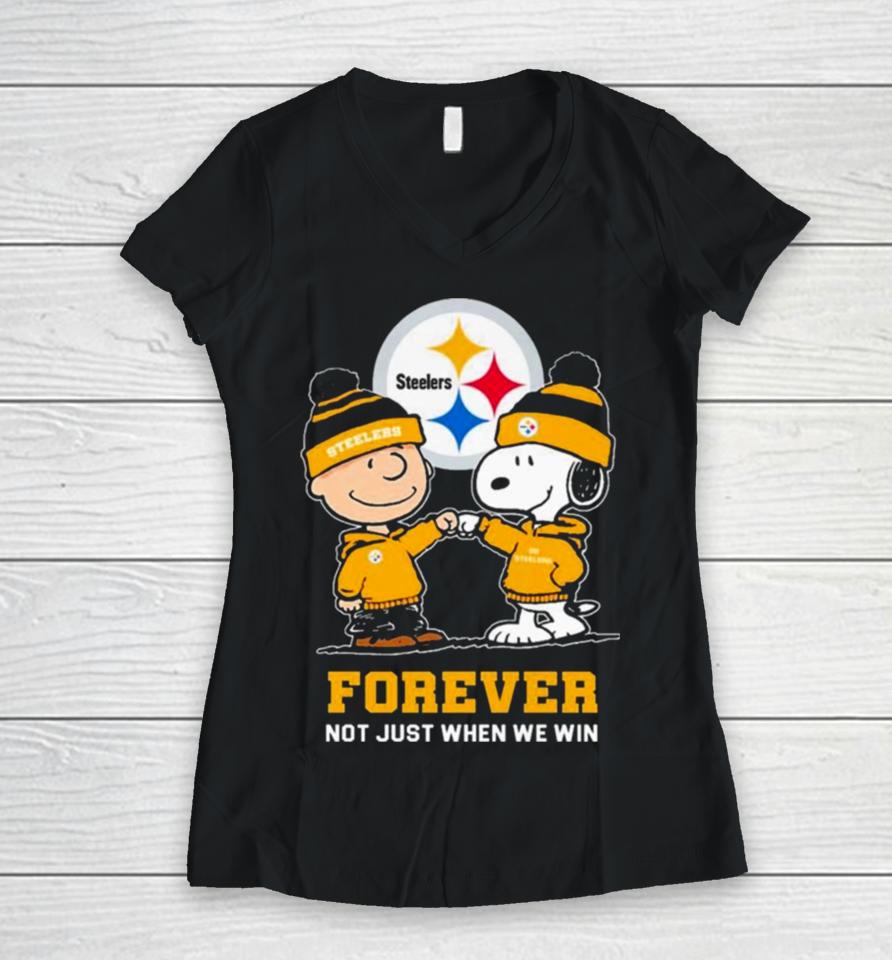 Charlie Brown Fist Bump Snoopy Pittsburgh Steelers Forever Not Just When We Win Women V-Neck T-Shirt