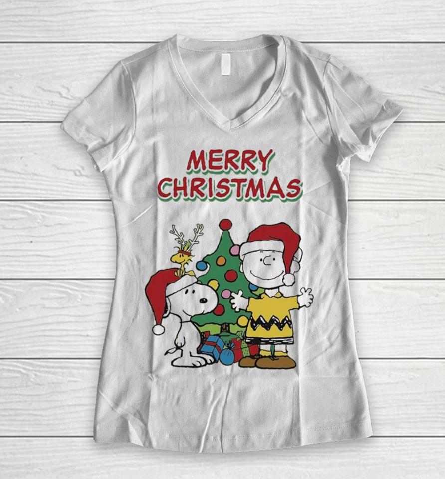 Charlie Brown With Snoopy Merry Xmas Happy Christmas Women V-Neck T-Shirt