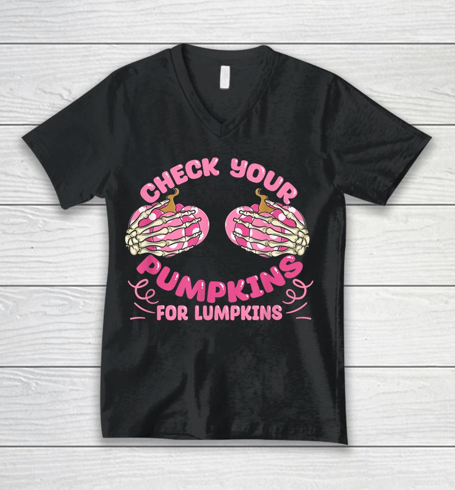 Check Your Pumpkins Breast Cancer Awareness Halloween Unisex V-Neck T-Shirt