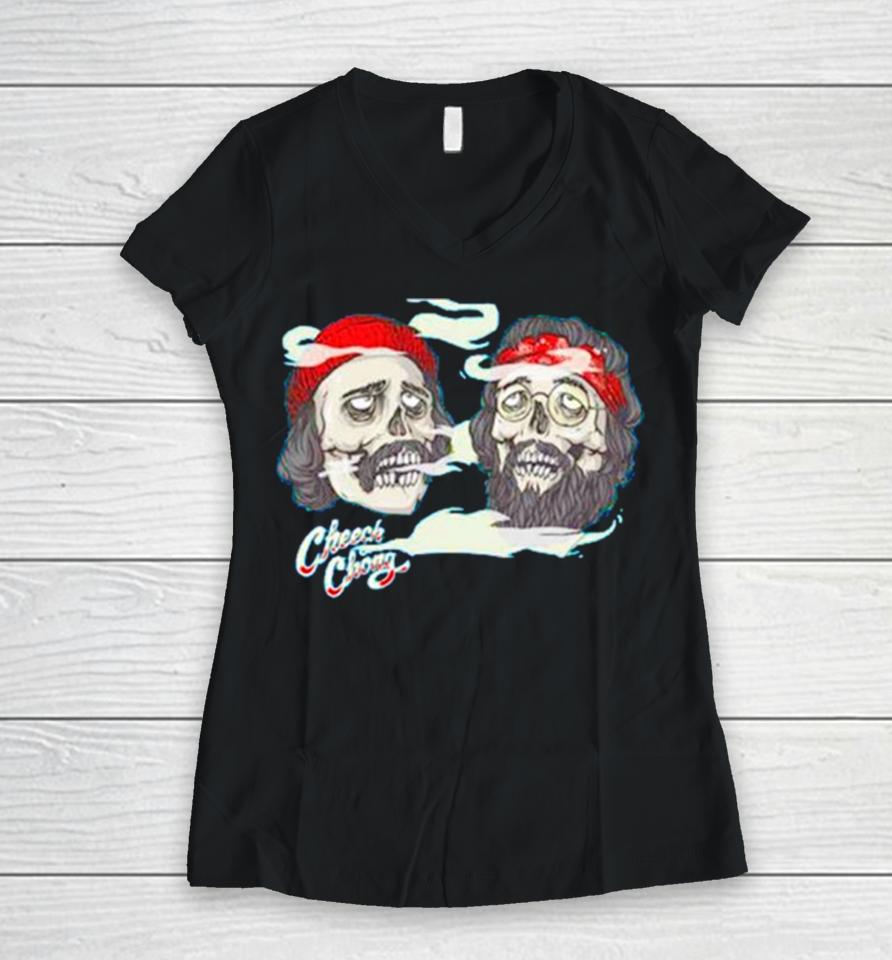 Cheech And Chong Skull Smoking Women V-Neck T-Shirt