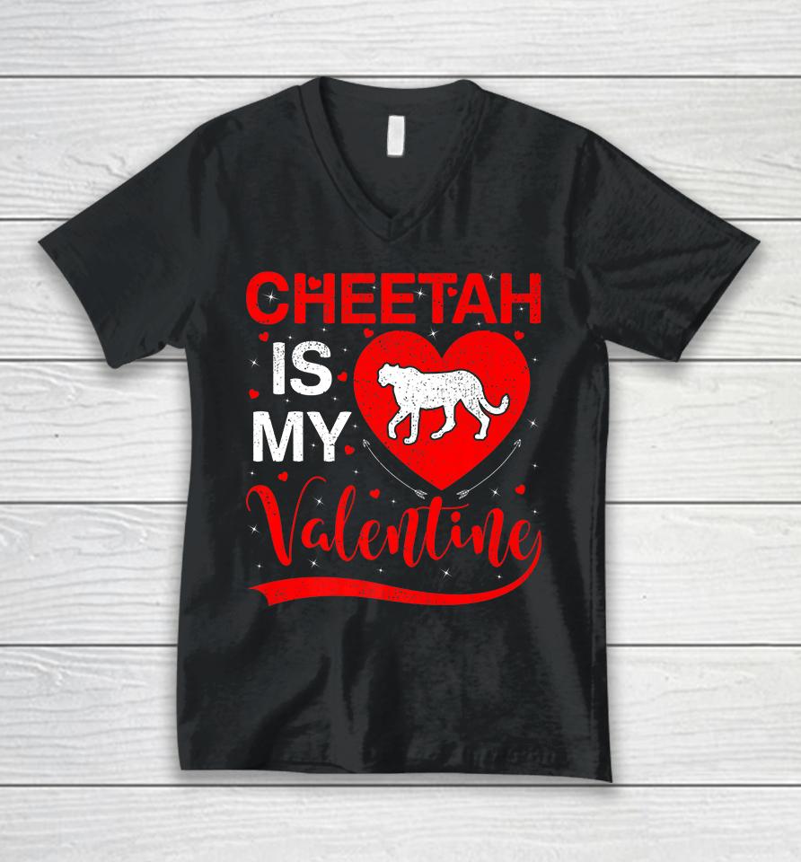 Cheetah Is My Valentine Funny Heart Cheetah Valentines Day Unisex V-Neck T-Shirt