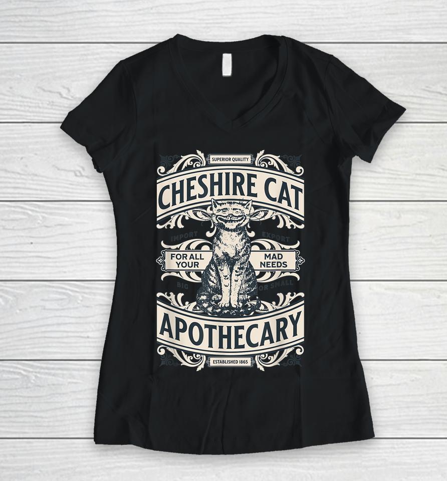 Cheshire Cat - Alice In Wonderland Vintage Book Design Women V-Neck T-Shirt