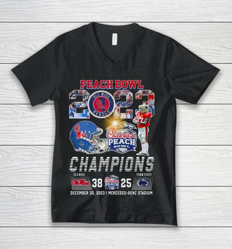 Chick Fil Peach Bowl 2023 Champions Ole Miss Rebels 38 25 Penn State Nittany Lions Unisex V-Neck T-Shirt