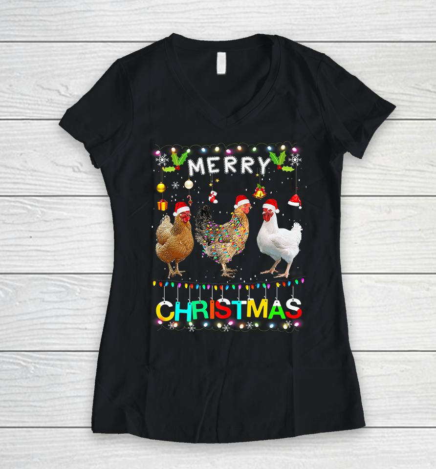 Chicken Merry Christmas Women V-Neck T-Shirt