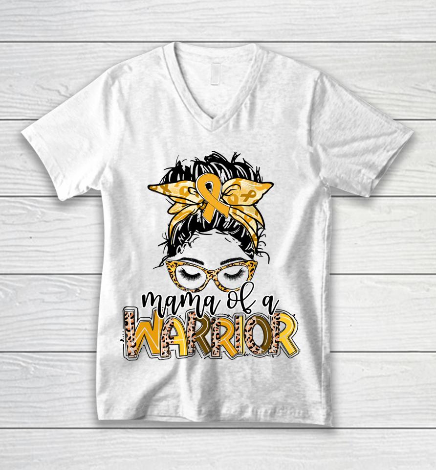 Childhood Cancer Awareness Mama Of A Warrior Messy Bun Mom Unisex V-Neck T-Shirt