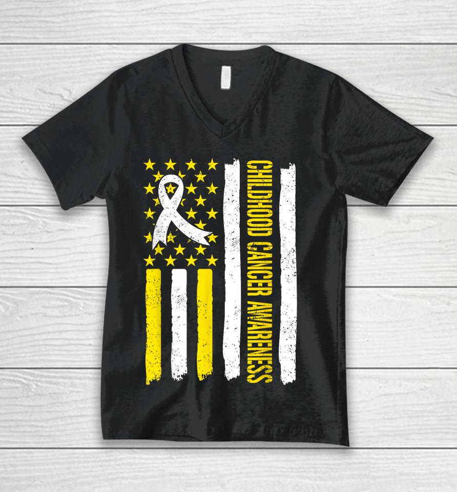 Childhood Cancer Awareness Month Ribbon Flag Unisex V-Neck T-Shirt