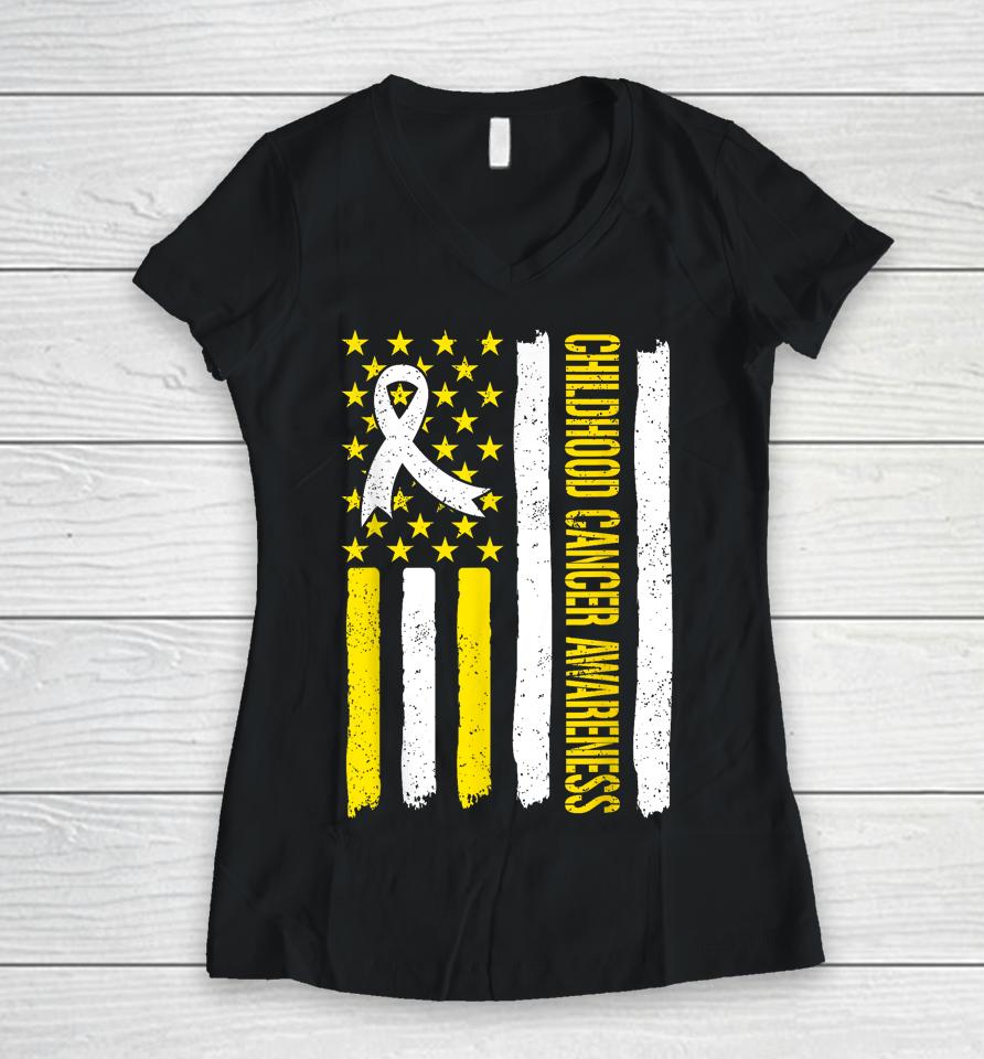 Childhood Cancer Awareness Month Ribbon Flag Women V-Neck T-Shirt