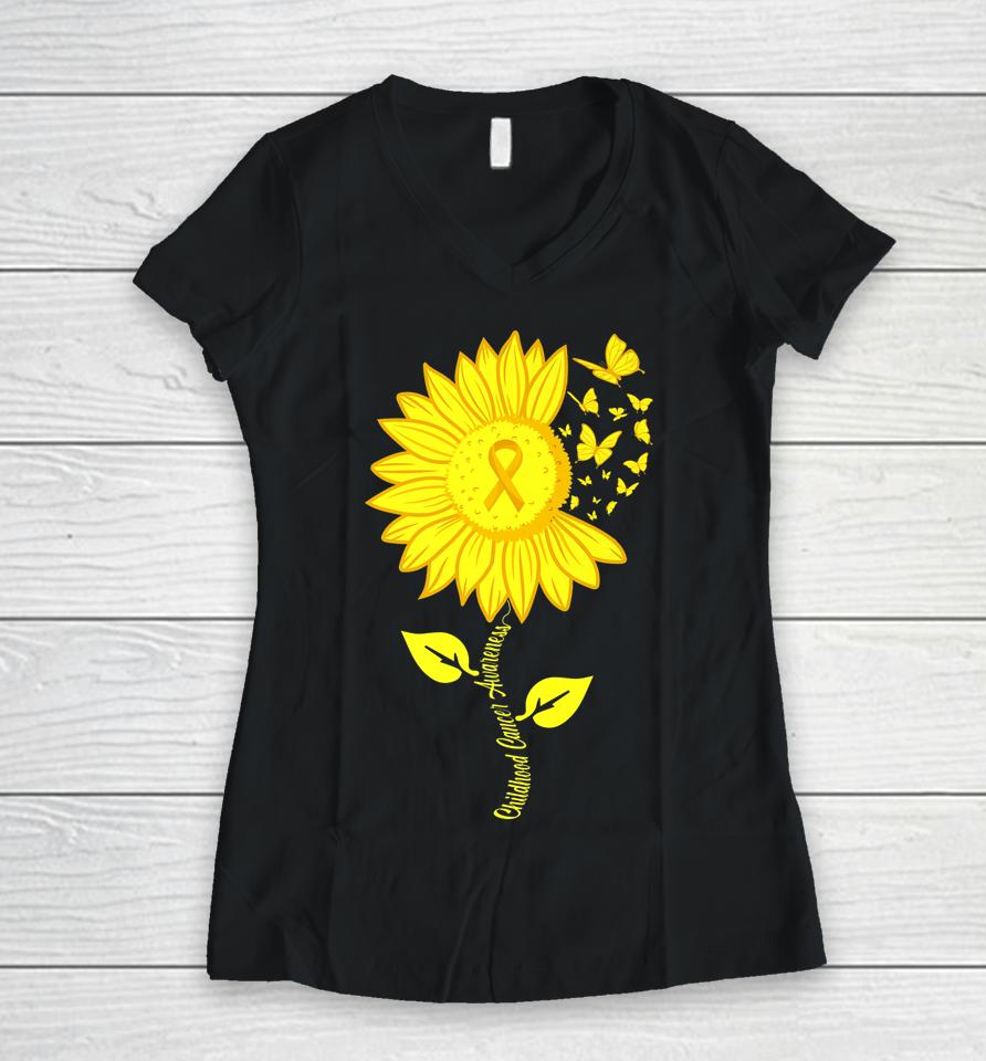 Childhood Cancer Awareness Sunflower September Cancer Women V-Neck T-Shirt