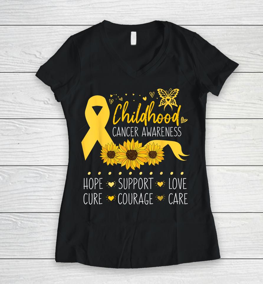 Childhood Cancer Support Family Childhood Cancer Awareness Women V-Neck T-Shirt