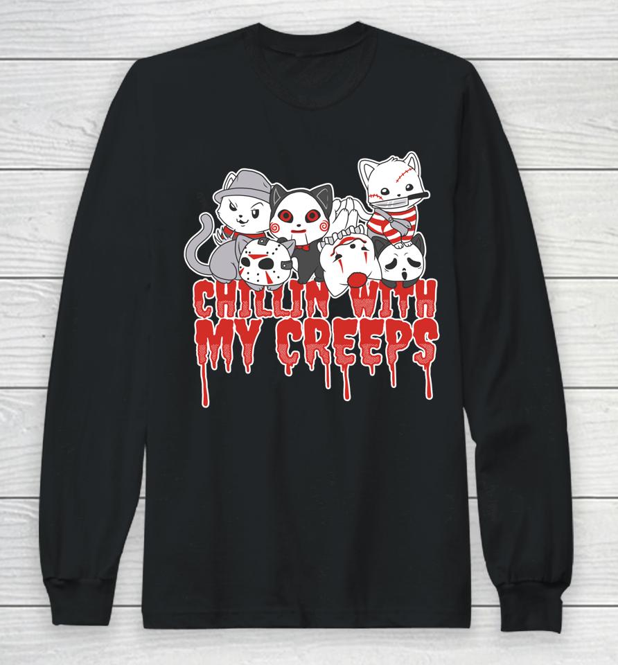 Chillin' With My Creeps Cat Horror Serial Killer Halloween Long Sleeve T-Shirt