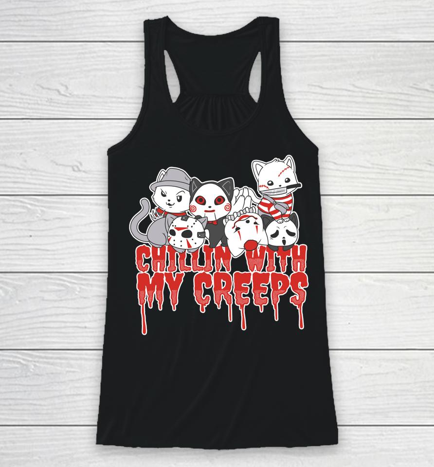 Chillin' With My Creeps Cat Horror Serial Killer Halloween Racerback Tank