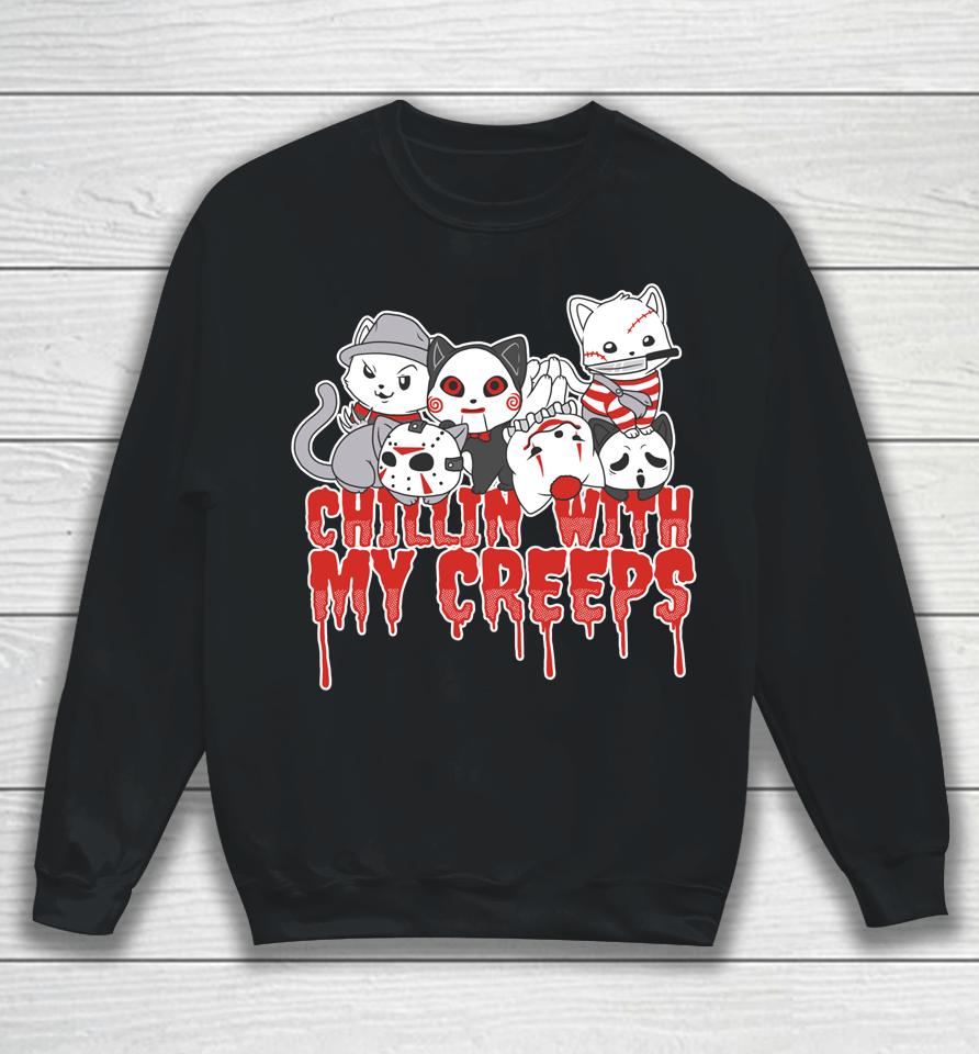 Chillin' With My Creeps Cat Horror Serial Killer Halloween Sweatshirt
