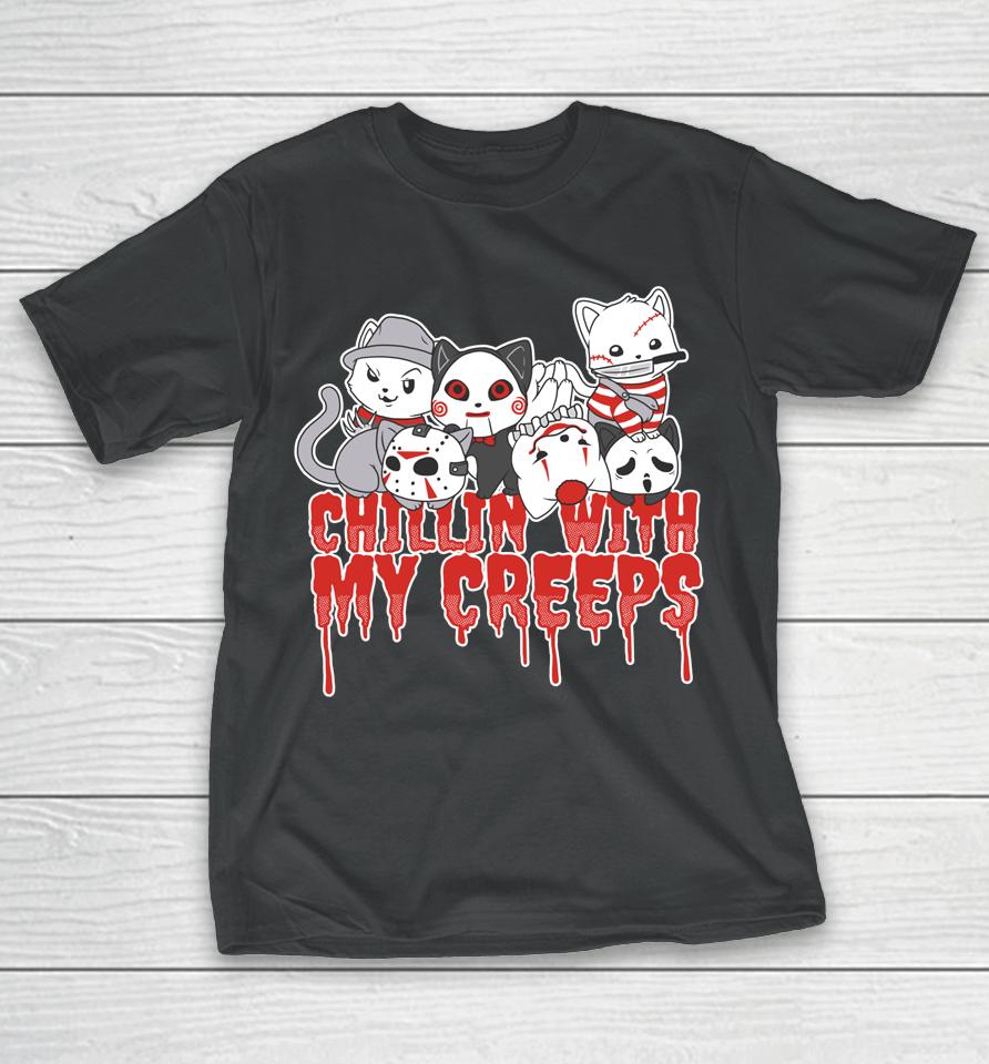Chillin' With My Creeps Cat Horror Serial Killer Halloween T-Shirt