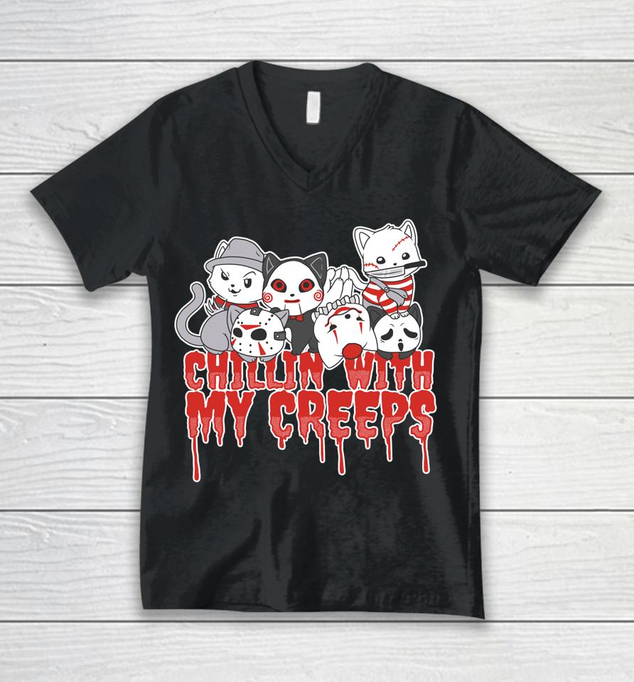 Chillin' With My Creeps Cat Horror Serial Killer Halloween Unisex V-Neck T-Shirt