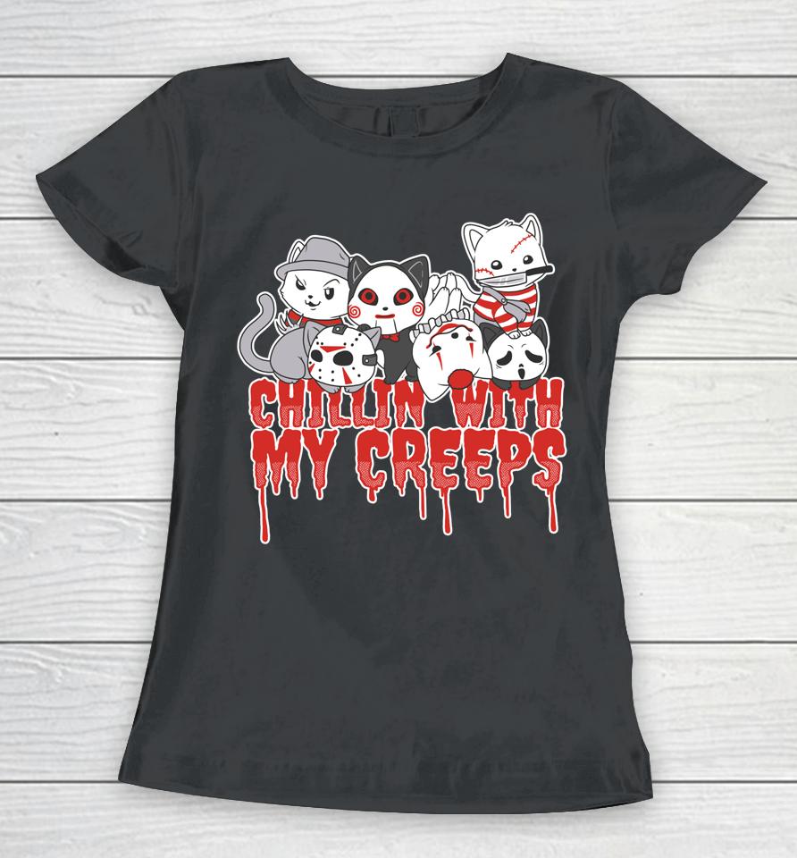 Chillin' With My Creeps Cat Horror Serial Killer Halloween Women T-Shirt