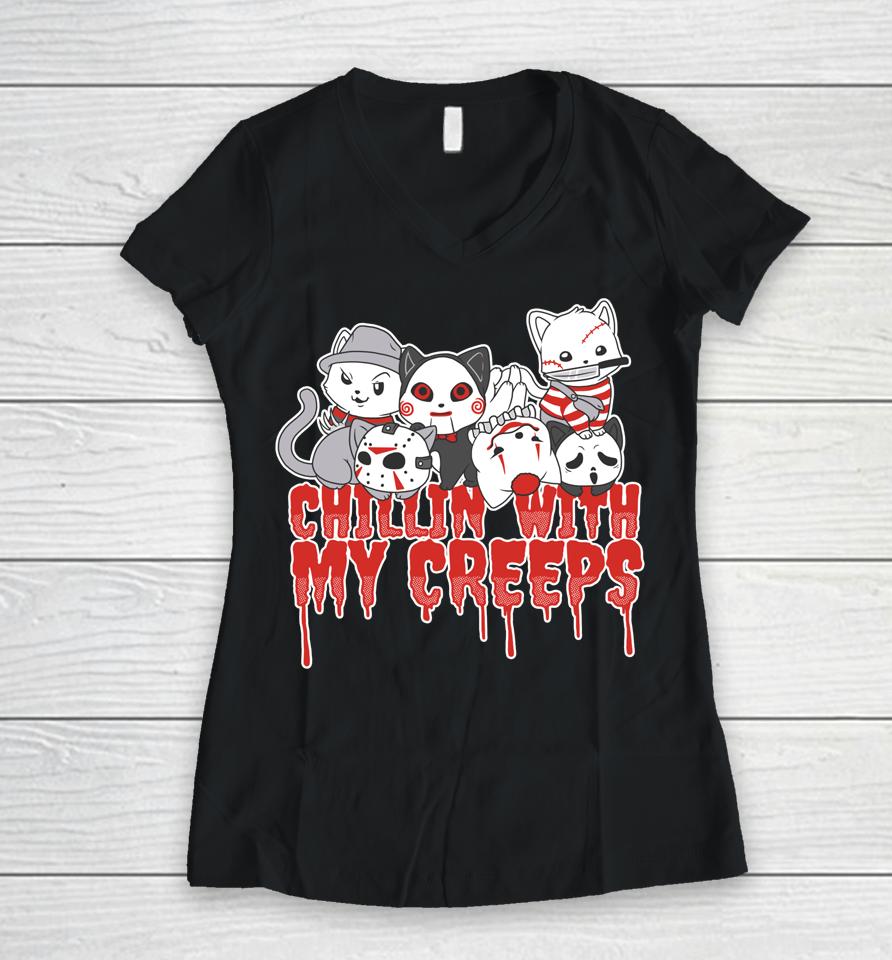 Chillin' With My Creeps Cat Horror Serial Killer Halloween Women V-Neck T-Shirt