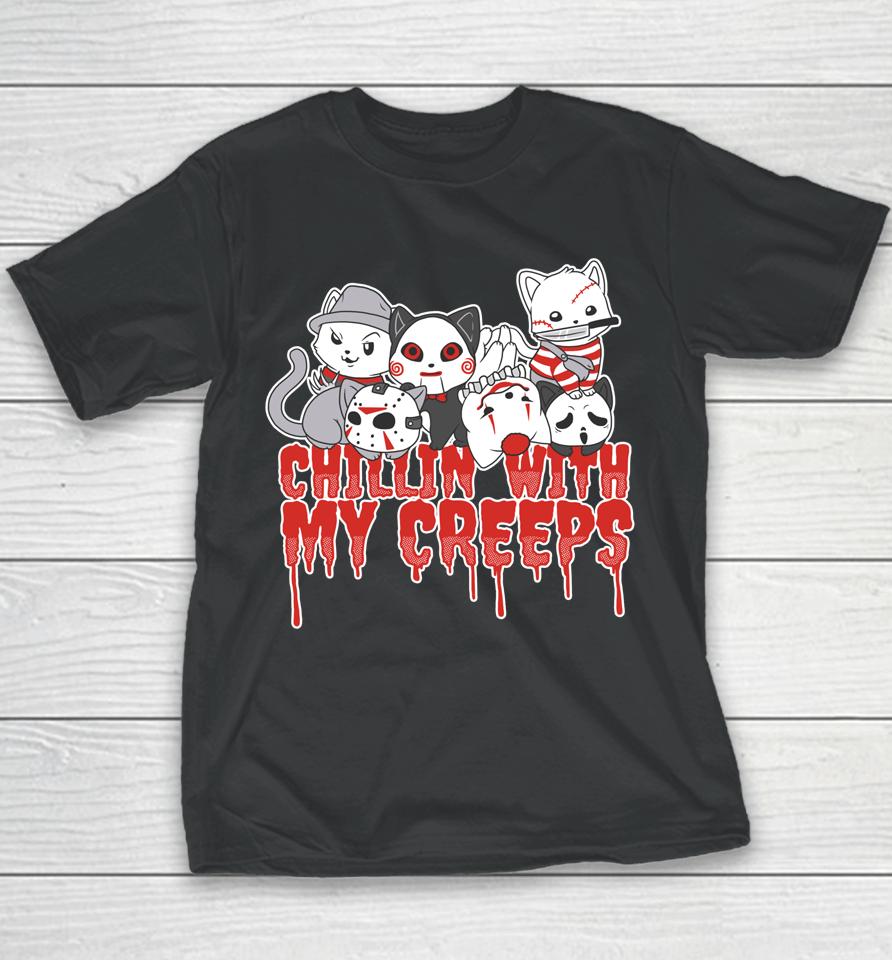 Chillin' With My Creeps Cat Horror Serial Killer Halloween Youth T-Shirt