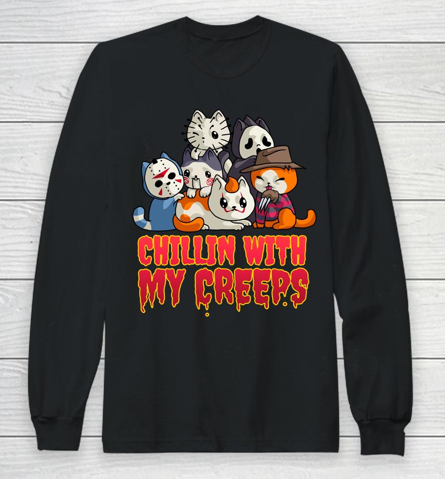 Chillin With My Creeps Funny Cat Horror Movies Serial Killer Long Sleeve T-Shirt