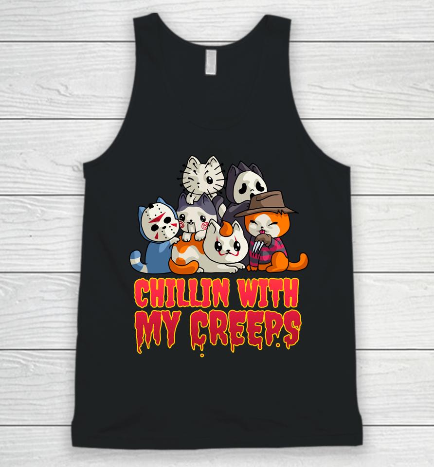 Chillin With My Creeps Funny Cat Horror Movies Serial Killer Unisex Tank Top