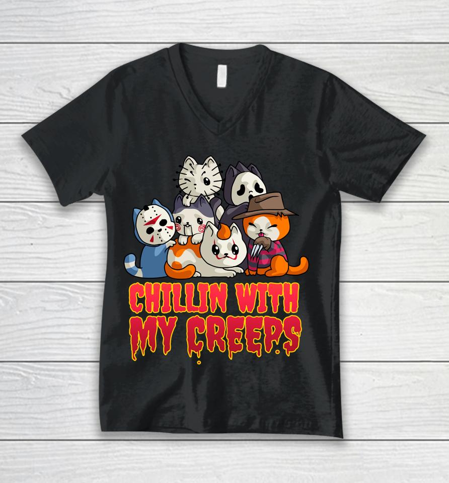 Chillin With My Creeps Funny Cat Horror Movies Serial Killer Unisex V-Neck T-Shirt