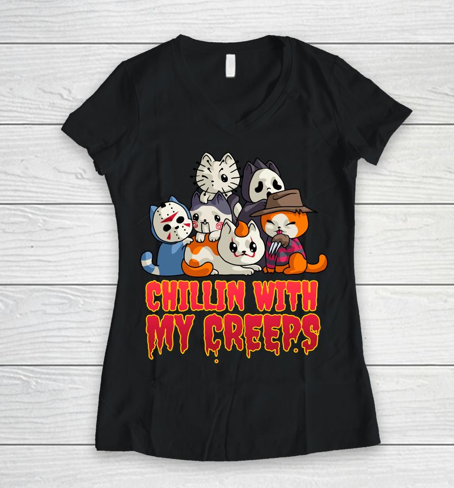 Chillin With My Creeps Funny Cat Horror Movies Serial Killer Women V-Neck T-Shirt