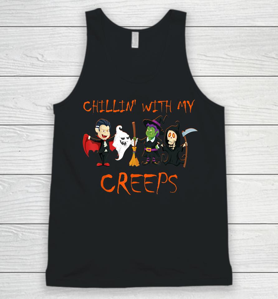 Chillin With My Creeps T-Shirt Vampire Ghost Skeleton Witch Unisex Tank Top