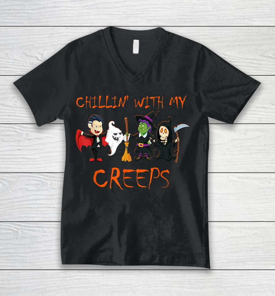 Chillin With My Creeps T-Shirt Vampire Ghost Skeleton Witch Unisex V-Neck T-Shirt
