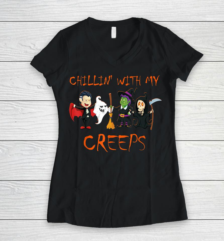 Chillin With My Creeps T-Shirt Vampire Ghost Skeleton Witch Women V-Neck T-Shirt