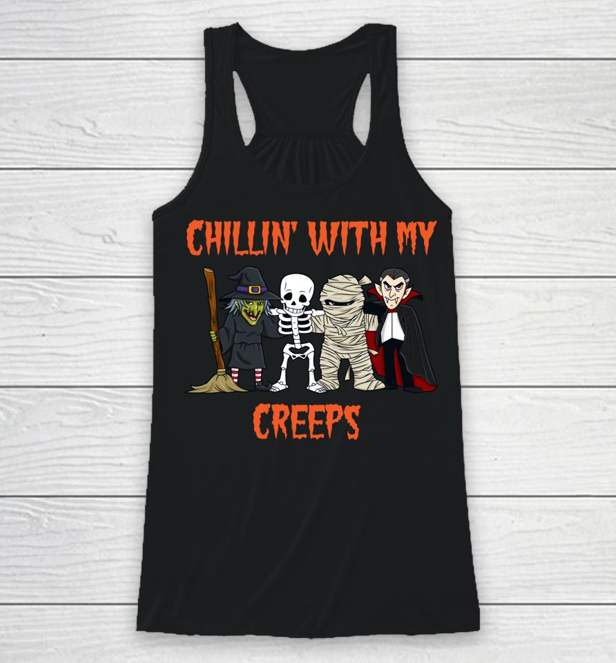 Chillin' With My Creeps Vampire Halloween Skeleton Witch Racerback Tank