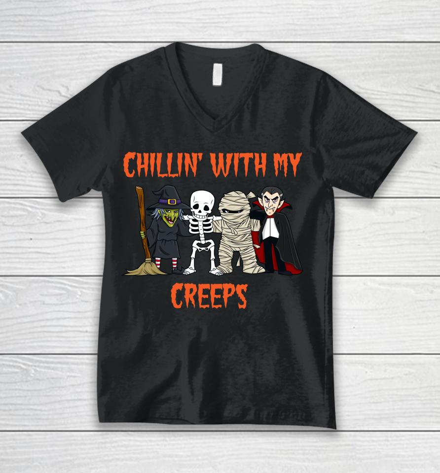 Chillin' With My Creeps Vampire Halloween Skeleton Witch Unisex V-Neck T-Shirt