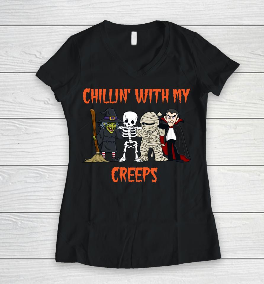 Chillin' With My Creeps Vampire Halloween Skeleton Witch Women V-Neck T-Shirt