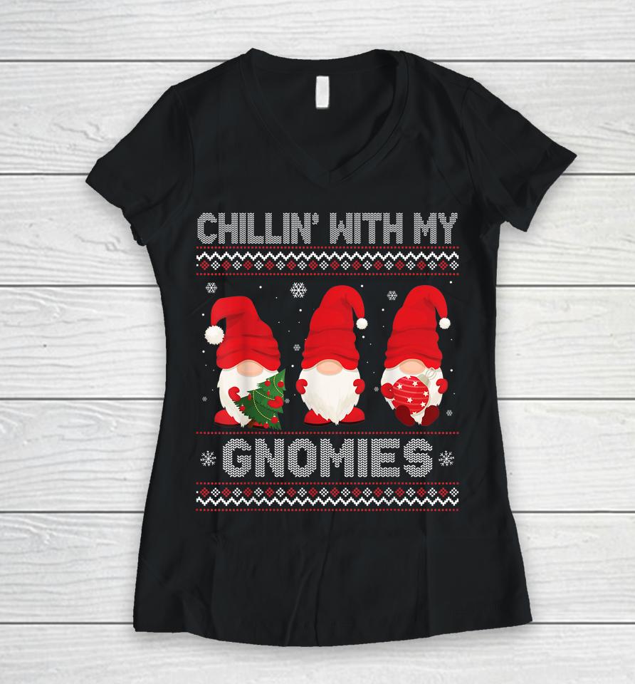 Chillin With My Gnomies Matching Family Christmas Tree Light Women V-Neck T-Shirt