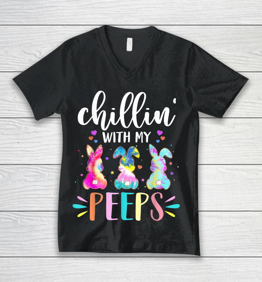 Chillin' With My Peep Teacher Tie Dye Easter Day Unisex V-Neck T-Shirt