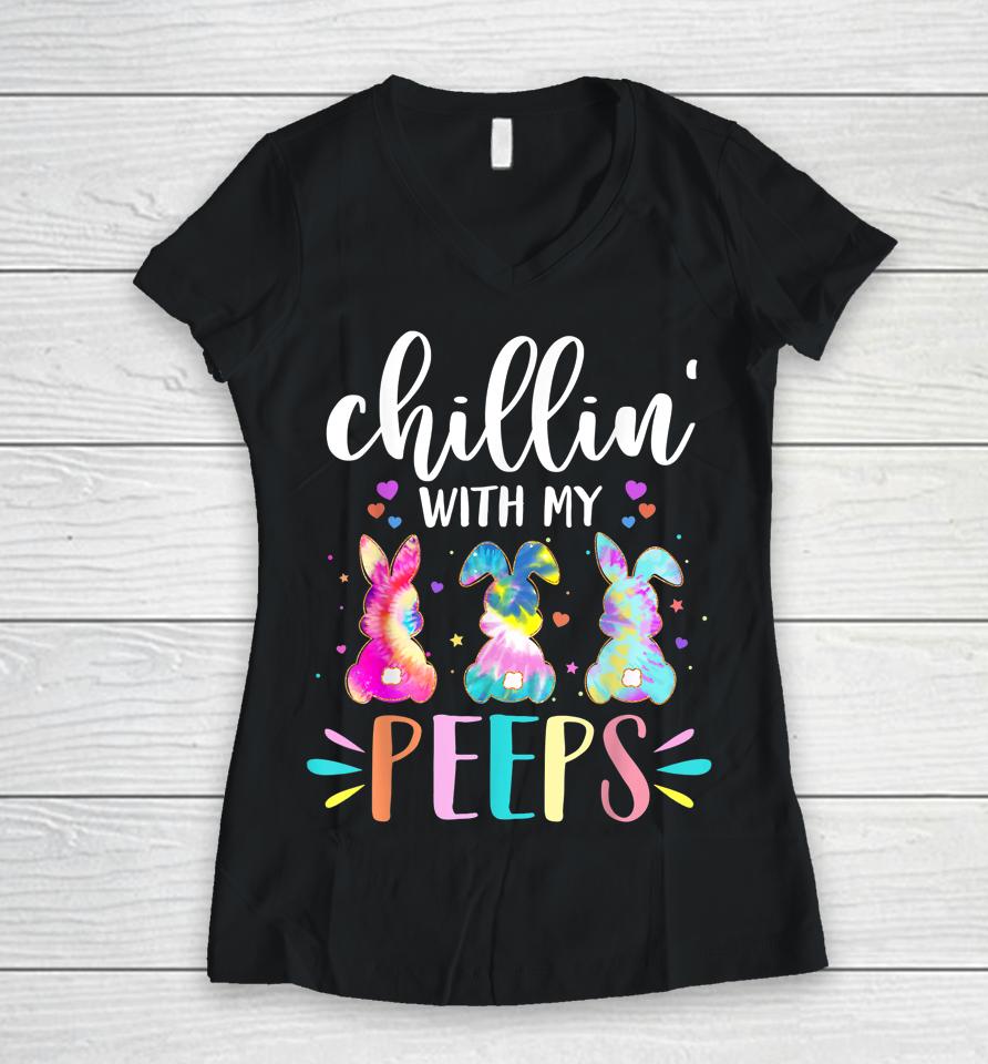 Chillin' With My Peep Teacher Tie Dye Easter Day Women V-Neck T-Shirt