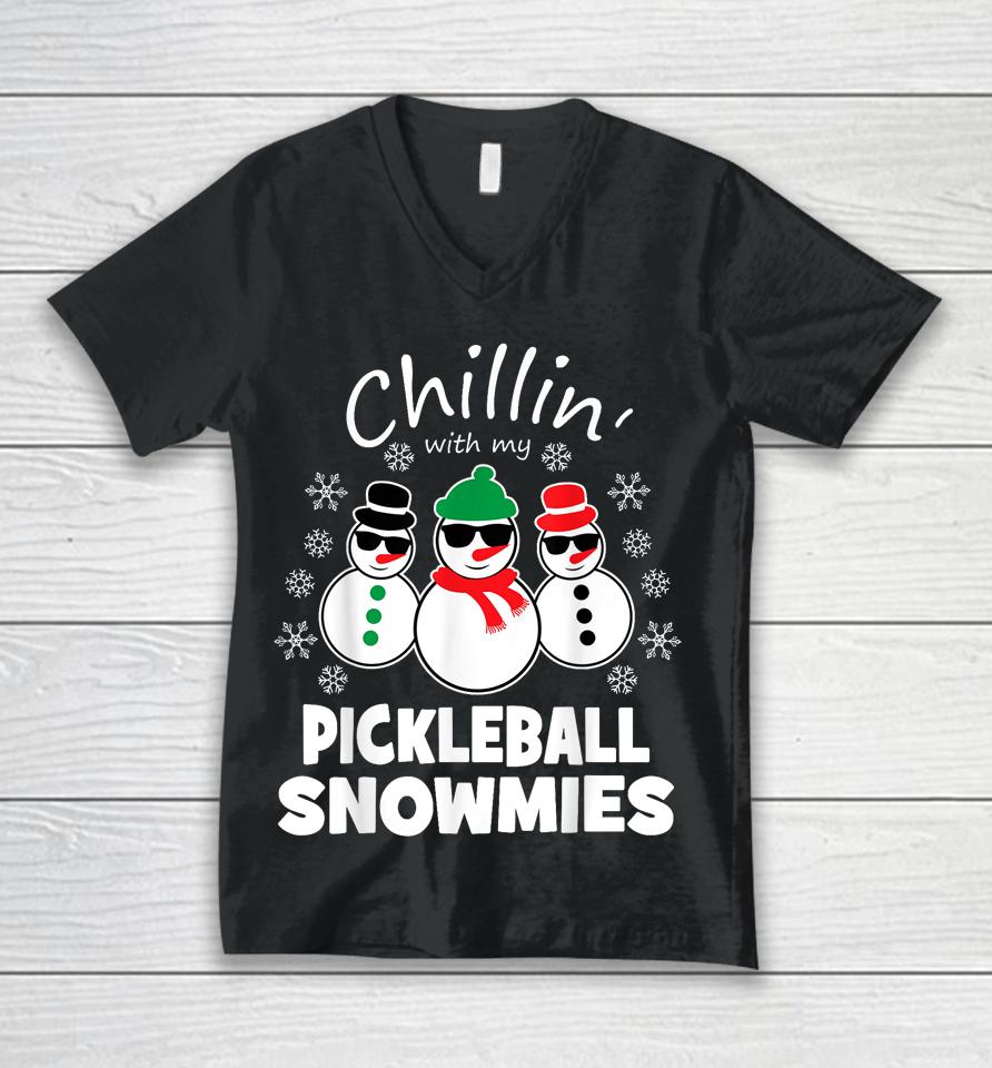 Chillin With My Pickleball Snowmies Funny Christmas Unisex V-Neck T-Shirt