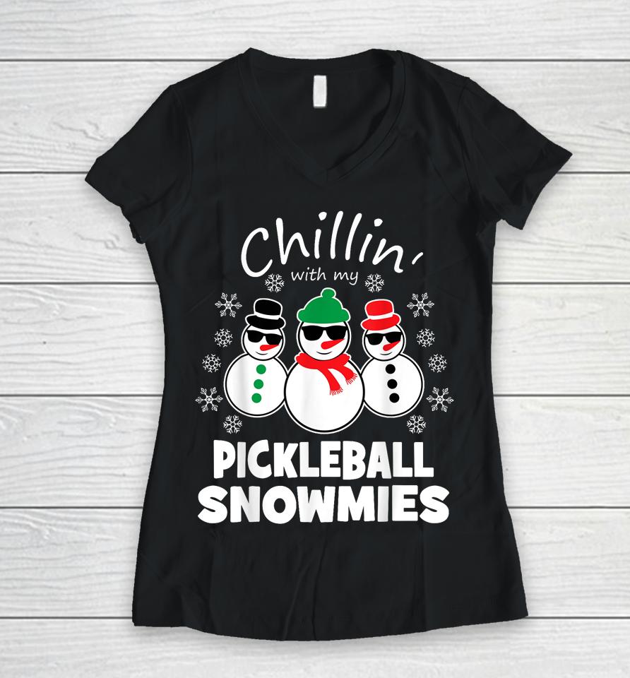Chillin With My Pickleball Snowmies Funny Christmas Women V-Neck T-Shirt