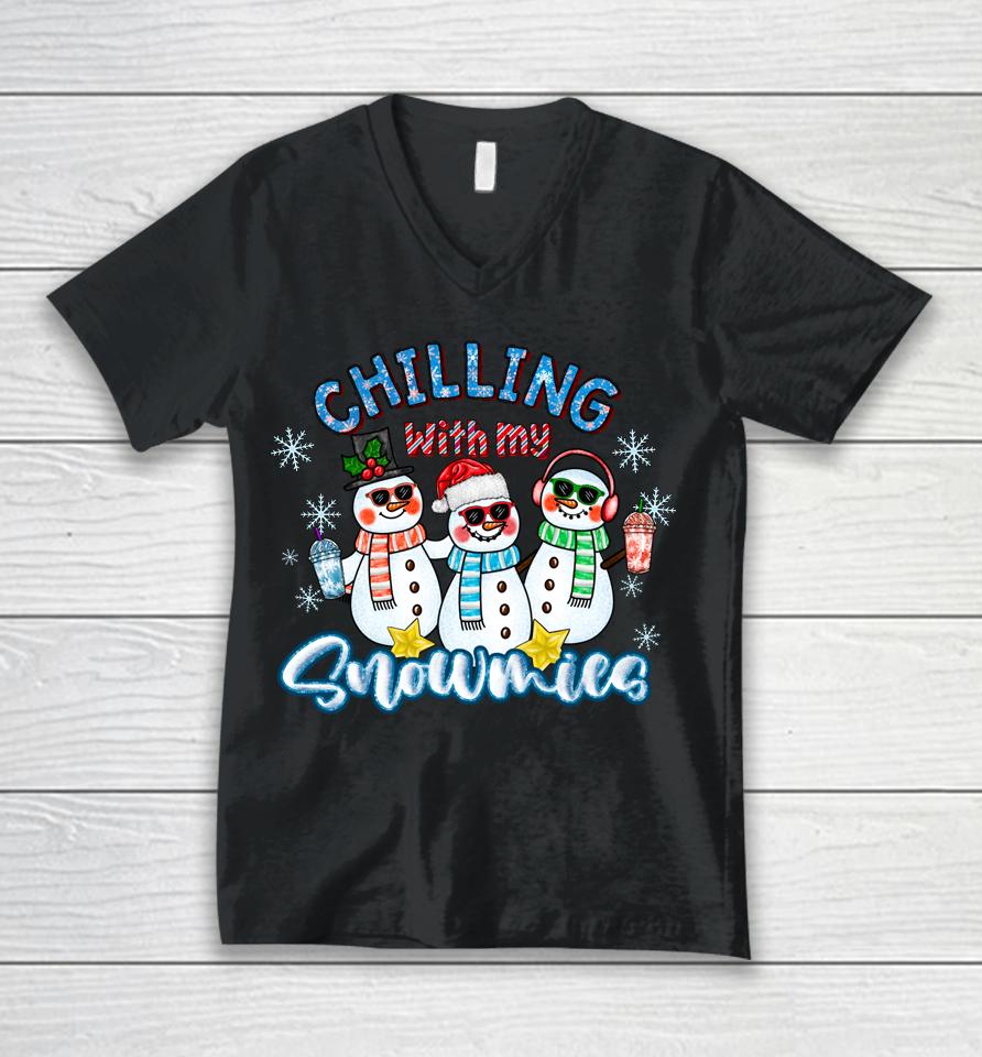 Chillin With My Snowmies Santa Snowman Gift Ugly Christmas Unisex V-Neck T-Shirt