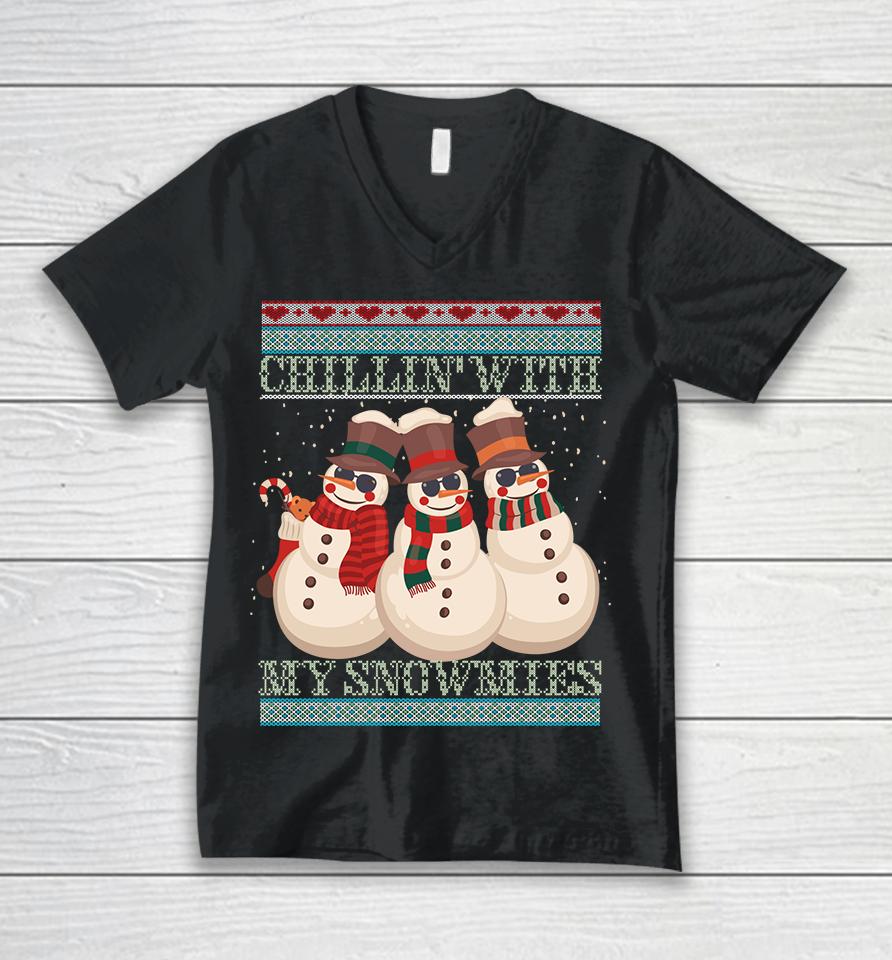 Chillin' With My Snowmies Ugly Christmas Snowman Unisex V-Neck T-Shirt