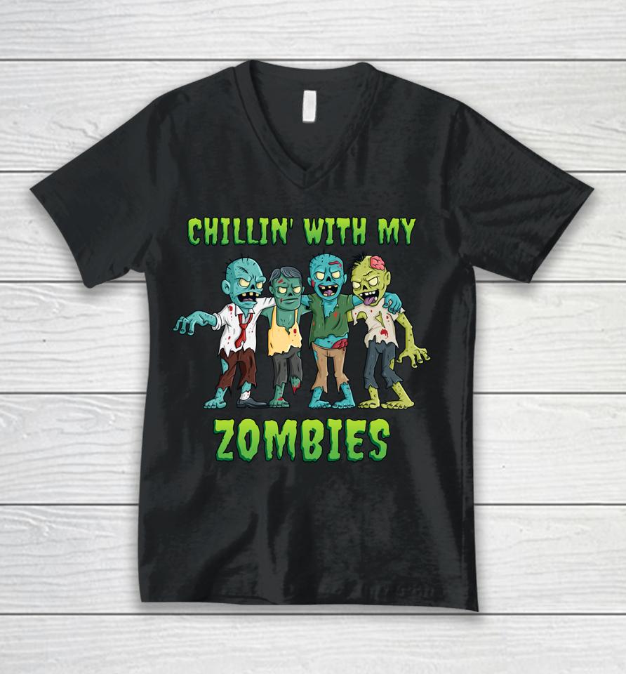 Chillin' With My Zombies Halloween Unisex V-Neck T-Shirt