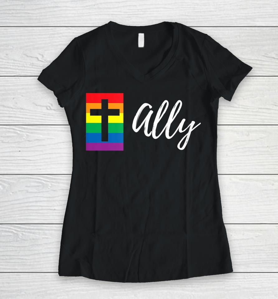 Christian Lgbtq Ally Rainbow Pride Flag Cross Women V-Neck T-Shirt