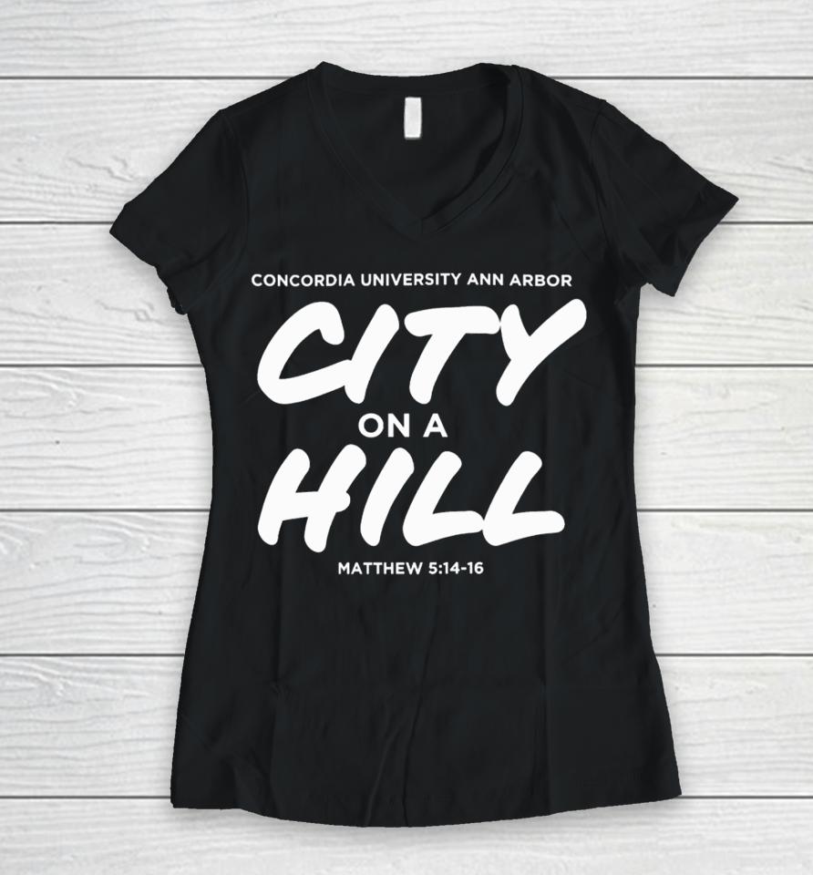 Christian University Michigan Concordia City On A Hill Women V-Neck T-Shirt