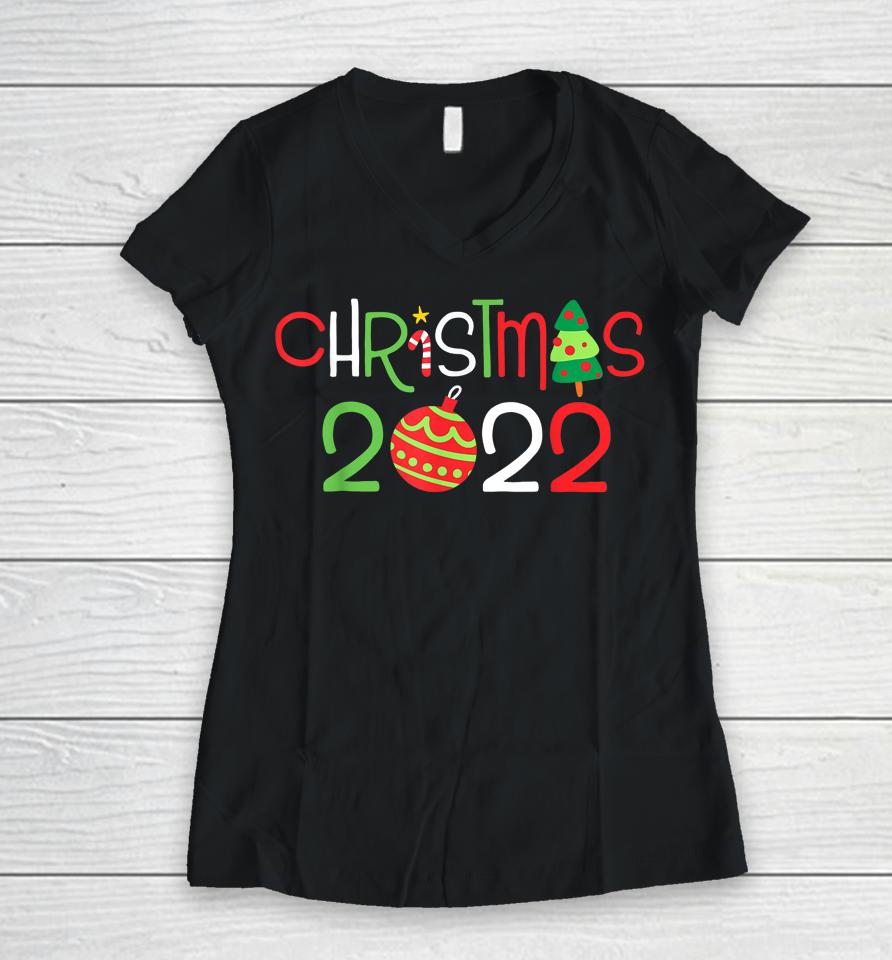 Christmas 2022 Pajama Family Matching Happy Holiday Xmas Women V-Neck T-Shirt