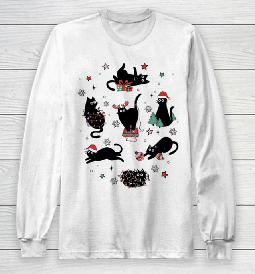 Christmas Black Cat Santa Hat Long Sleeve T-Shirt