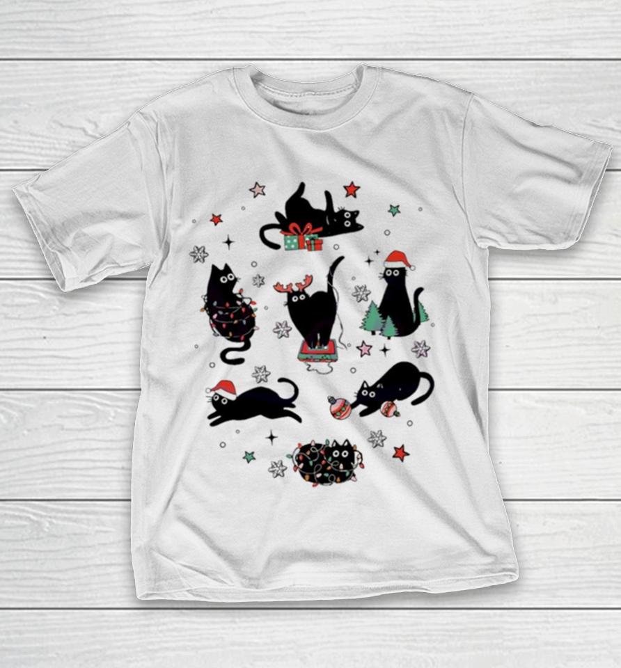 Christmas Black Cat Santa Hat T-Shirt