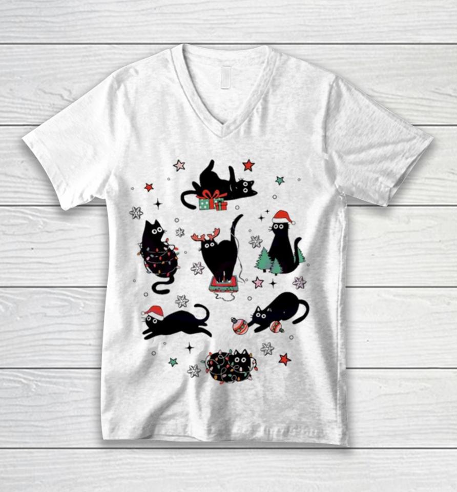Christmas Black Cat Santa Hat Unisex V-Neck T-Shirt