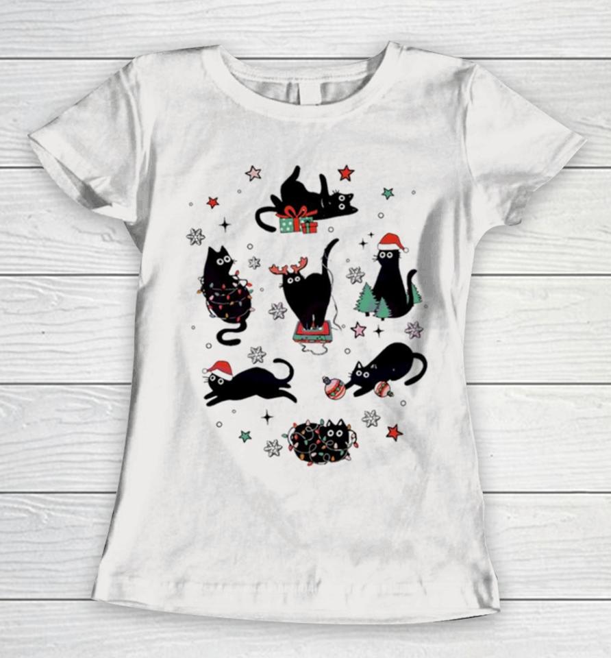 Christmas Black Cat Santa Hat Women T-Shirt