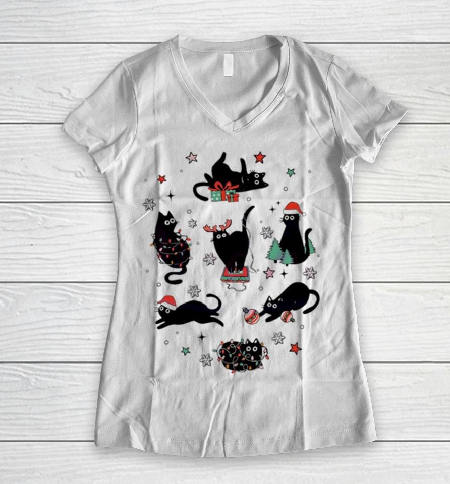 Christmas Black Cat Santa Hat Women V-Neck T-Shirt