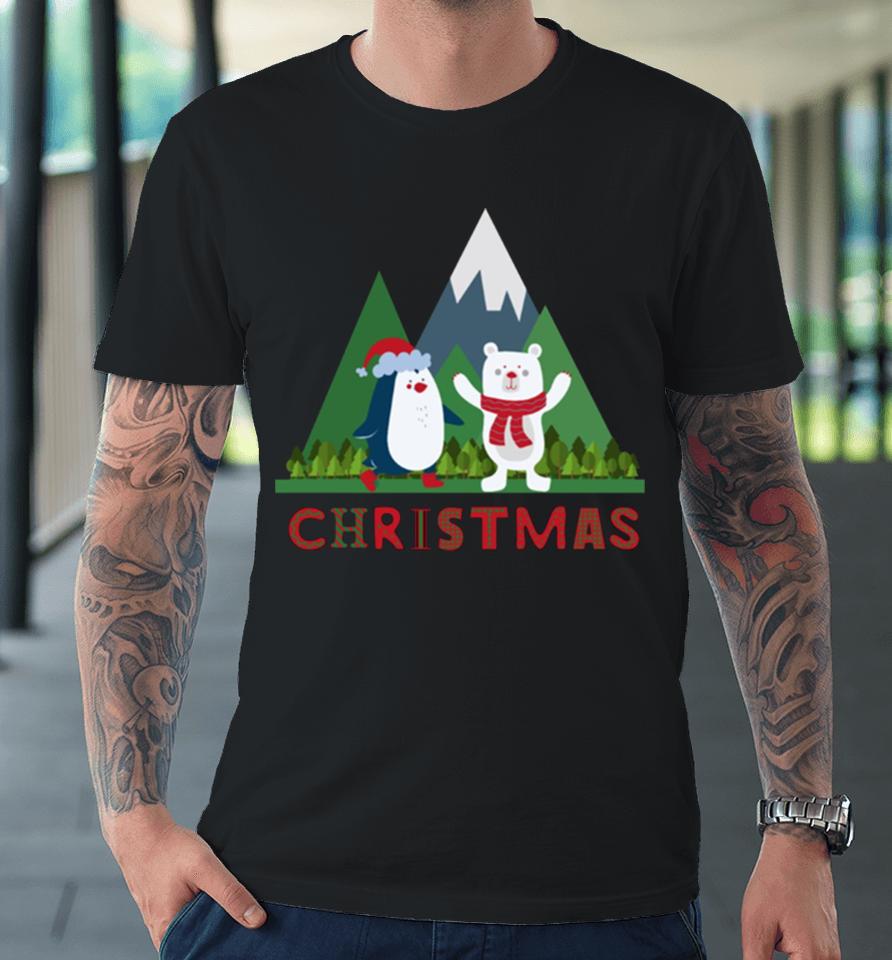 Christmas Cartoon Cute Bear With Pinguin Premium T-Shirt