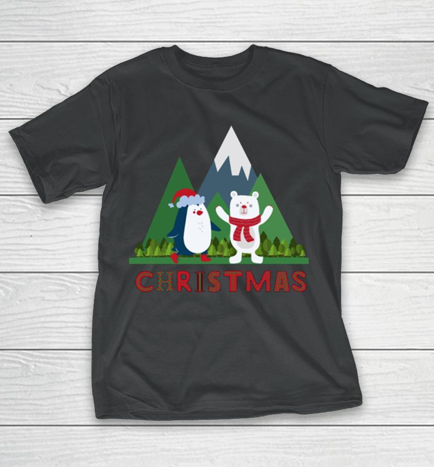 Christmas Cartoon Cute Bear With Pinguin T-Shirt